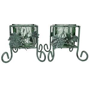 Grape Vines Green Metal Stand Clear Green Glass Removable Candle Holder 5” x 5”